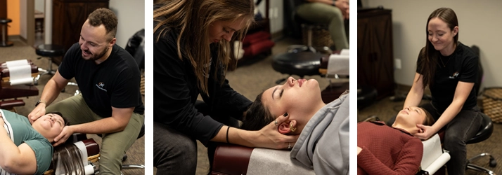 3 photos of Hannah Willford, Kevin Jean, And Cydney Jean adjusting patients necks.